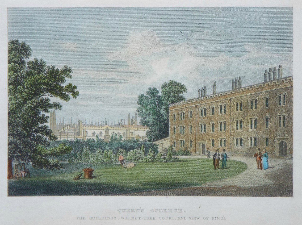Print - Queen's College. Cambridge. The Buildings, Walnut Tree Court, and View of King's