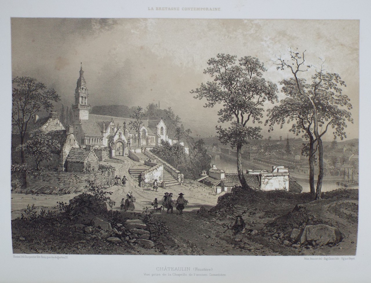 Lithograph - Chateaulin. (Finistere) Vue prise de la Chapelle de l'ancien Cimetiere. - Ciceri