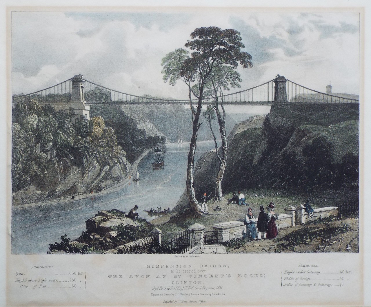 Lithograph - Suspension Bridge, to be erected over the Avon at St. Vincent's Rocks, Clifton. By I. Brunel Junr. Esqr. F.R.S. Civil Engineer, 1854. - Harding