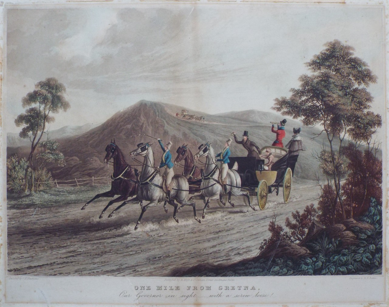 Aquatint - One Mile from Gretna. Our Governor in sight - with a screw loose! - Reeves