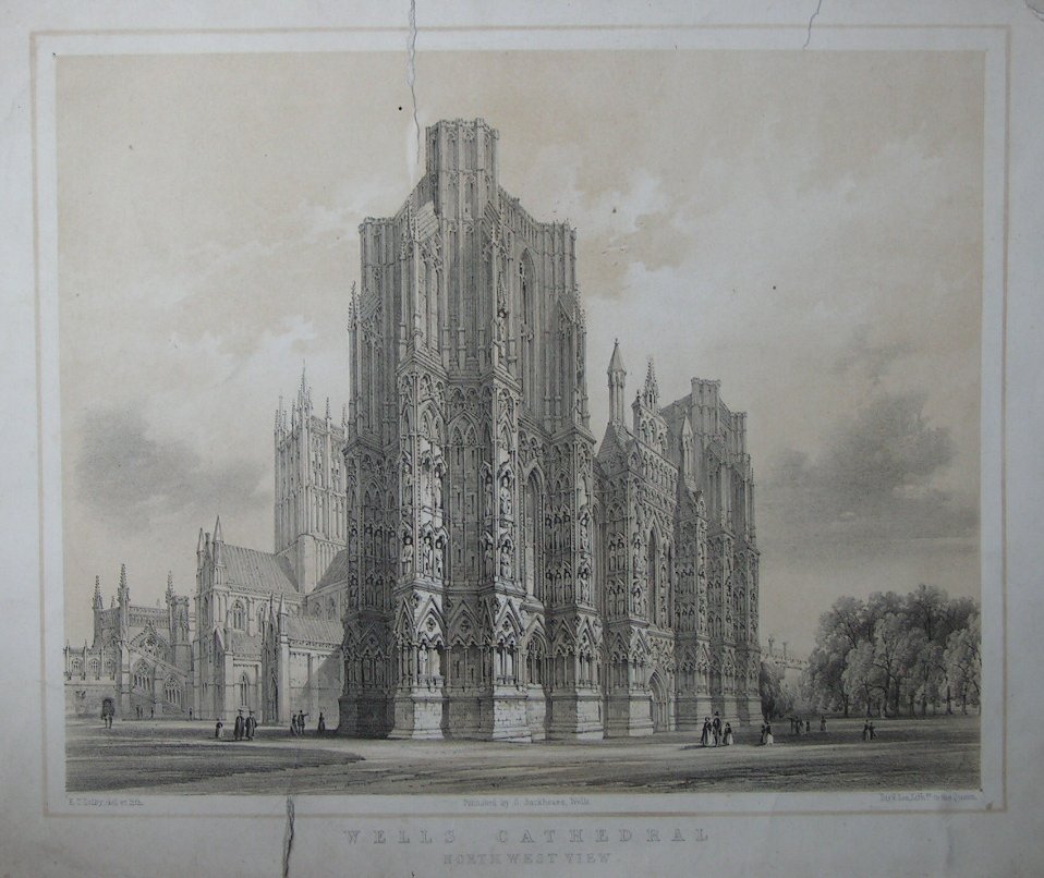 Lithograph - Wells Cathedral North West View