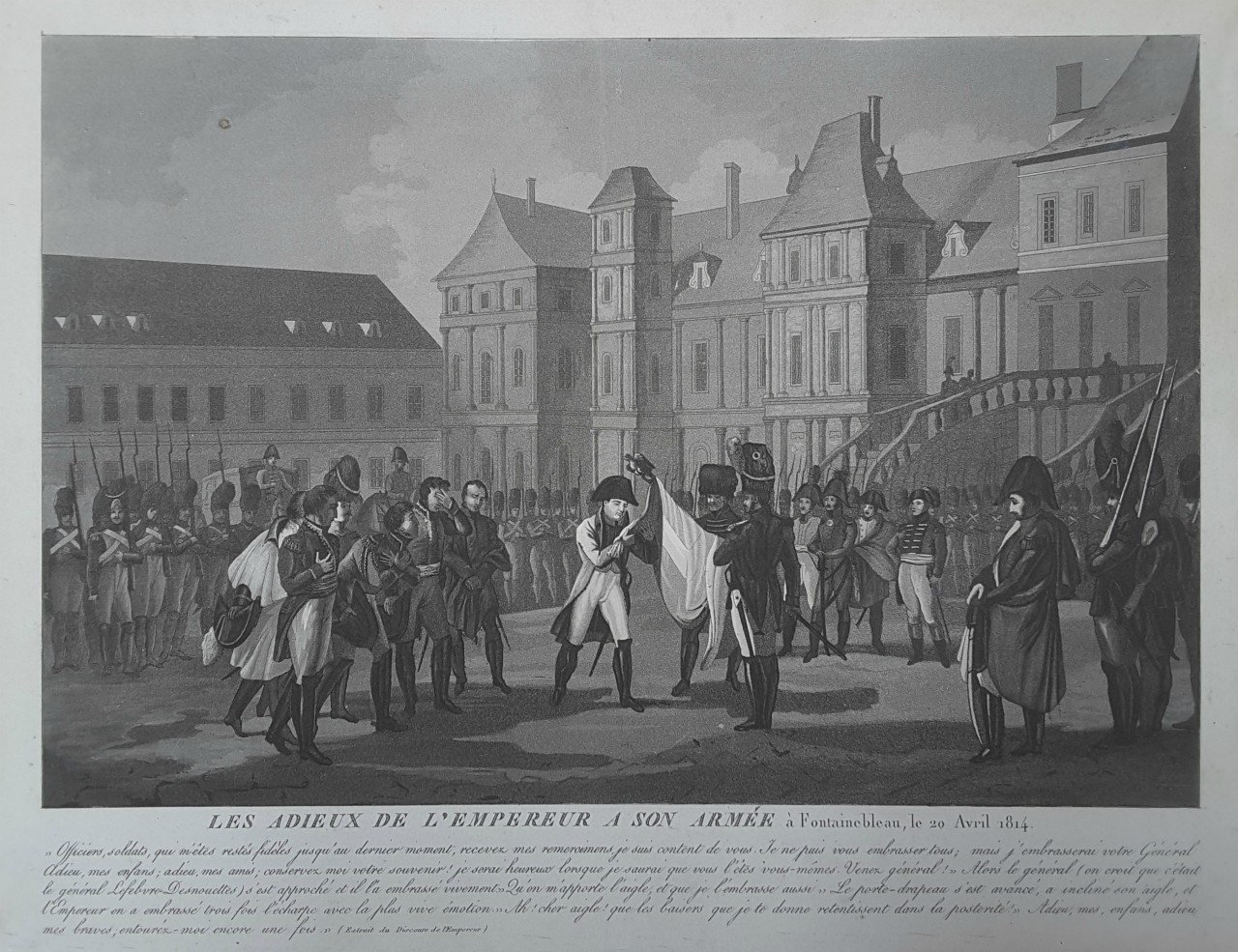 Aquatint - Les Adieux de l'Empereur a son Armee a Fontainebleau, le 20 Avril 1814.