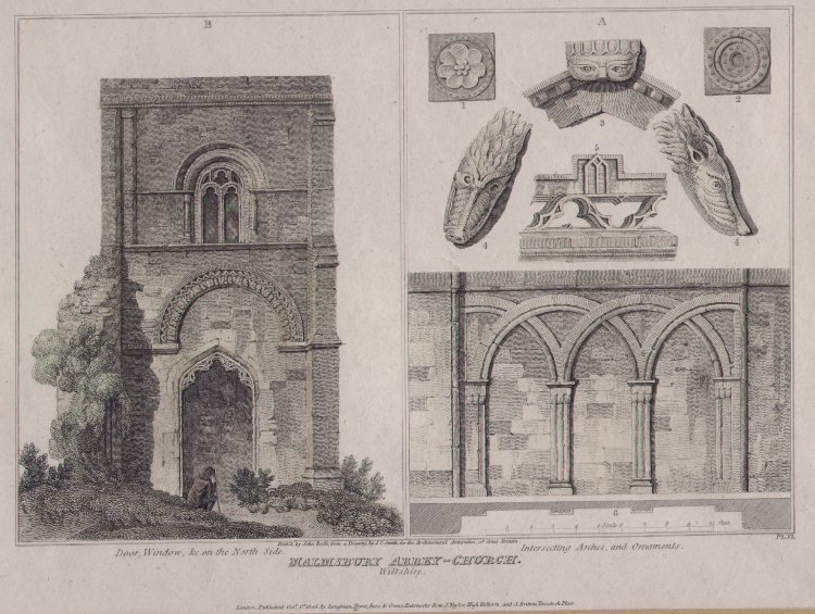 Print - Malmsbury Abbey-Church. Door, Window etc on North Side. Interesting Arches and Ornaments - Roffe