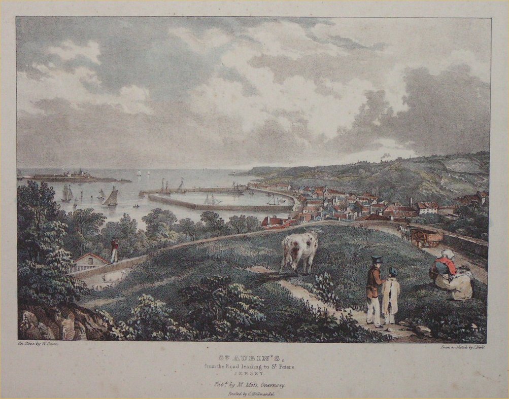 Lithograph - St. Aubin's from the Road leading to St.Peters Jersey - 