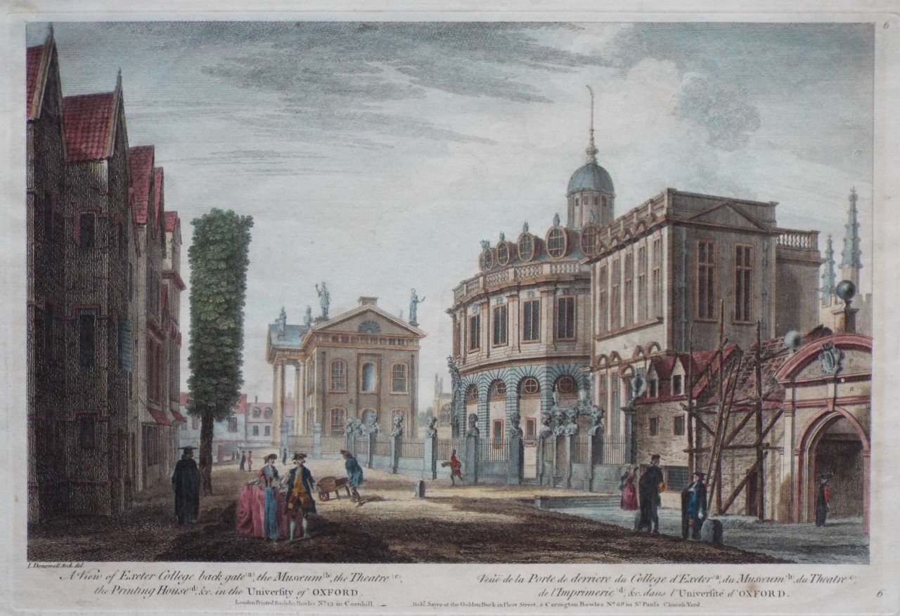 Print - A View of Exeter College back gate (a), the Museum (b). the Theatre (c), the Printing House (d), in the University of Oxford. - Woollett