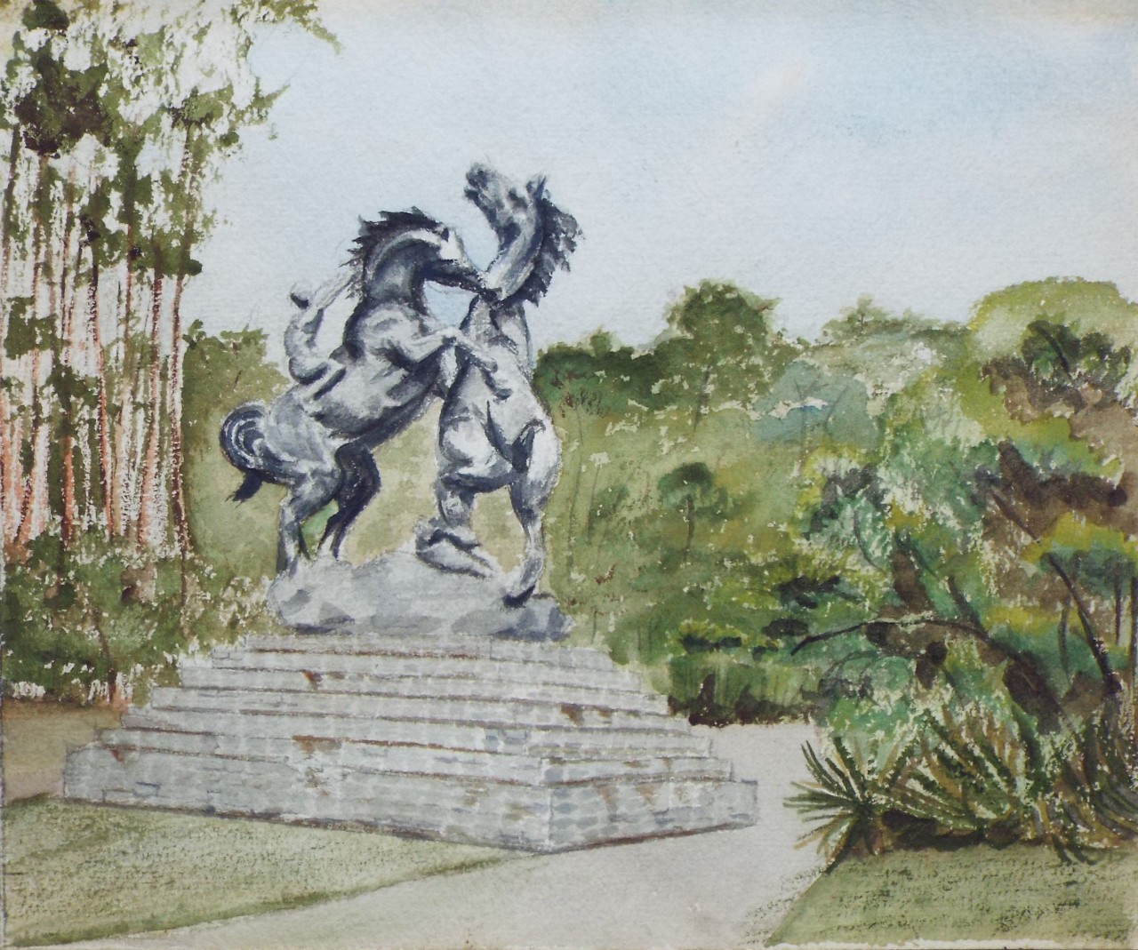 Watercolour - Fighting Stallions statue, Brookgreen Gardens, South Carolina.