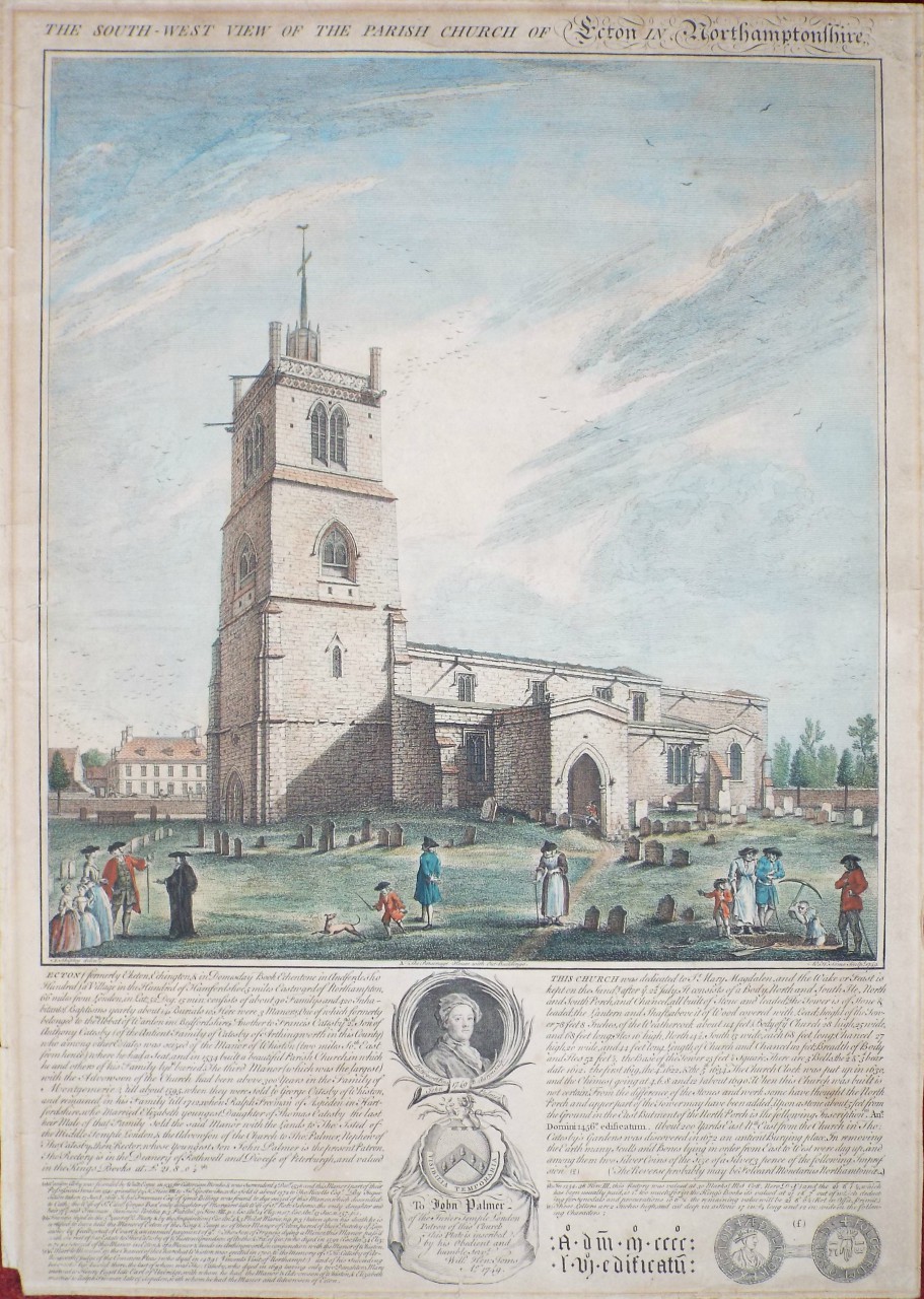 Print - The South-West View of the Parish Church of Ecton in Northamptonshire. - Toms