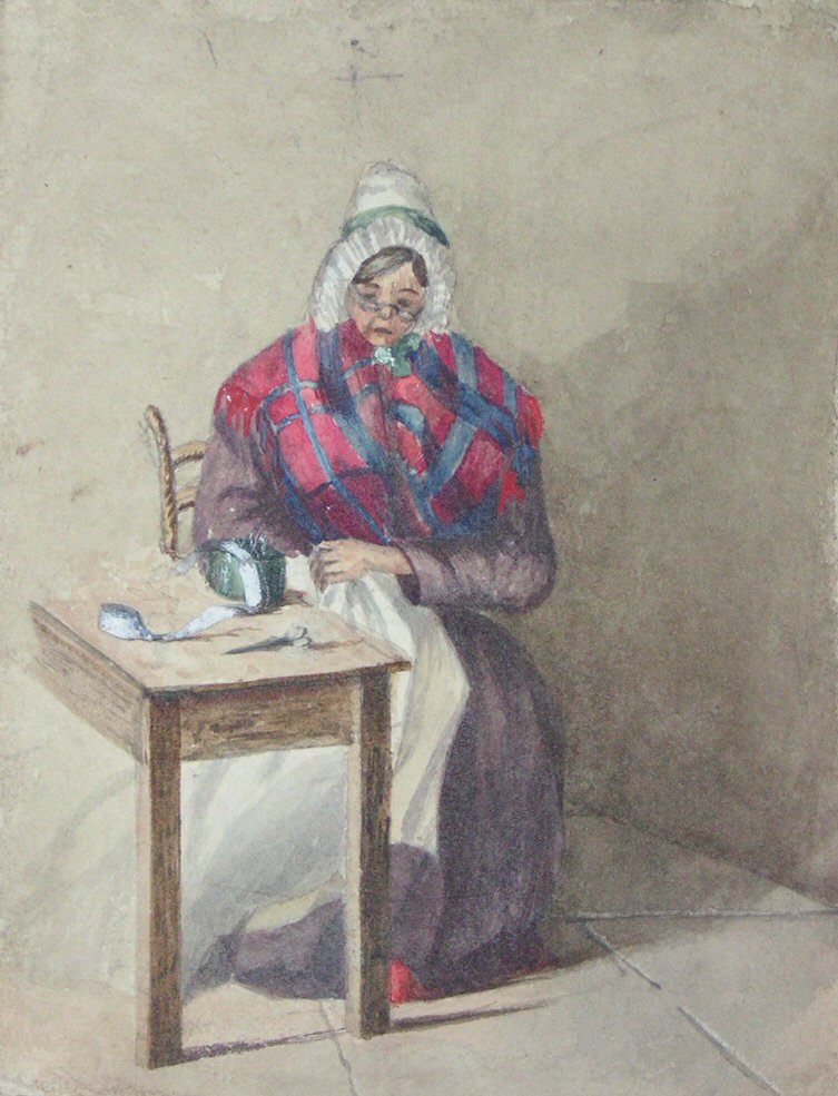 Watercolour - Seated woman sewing