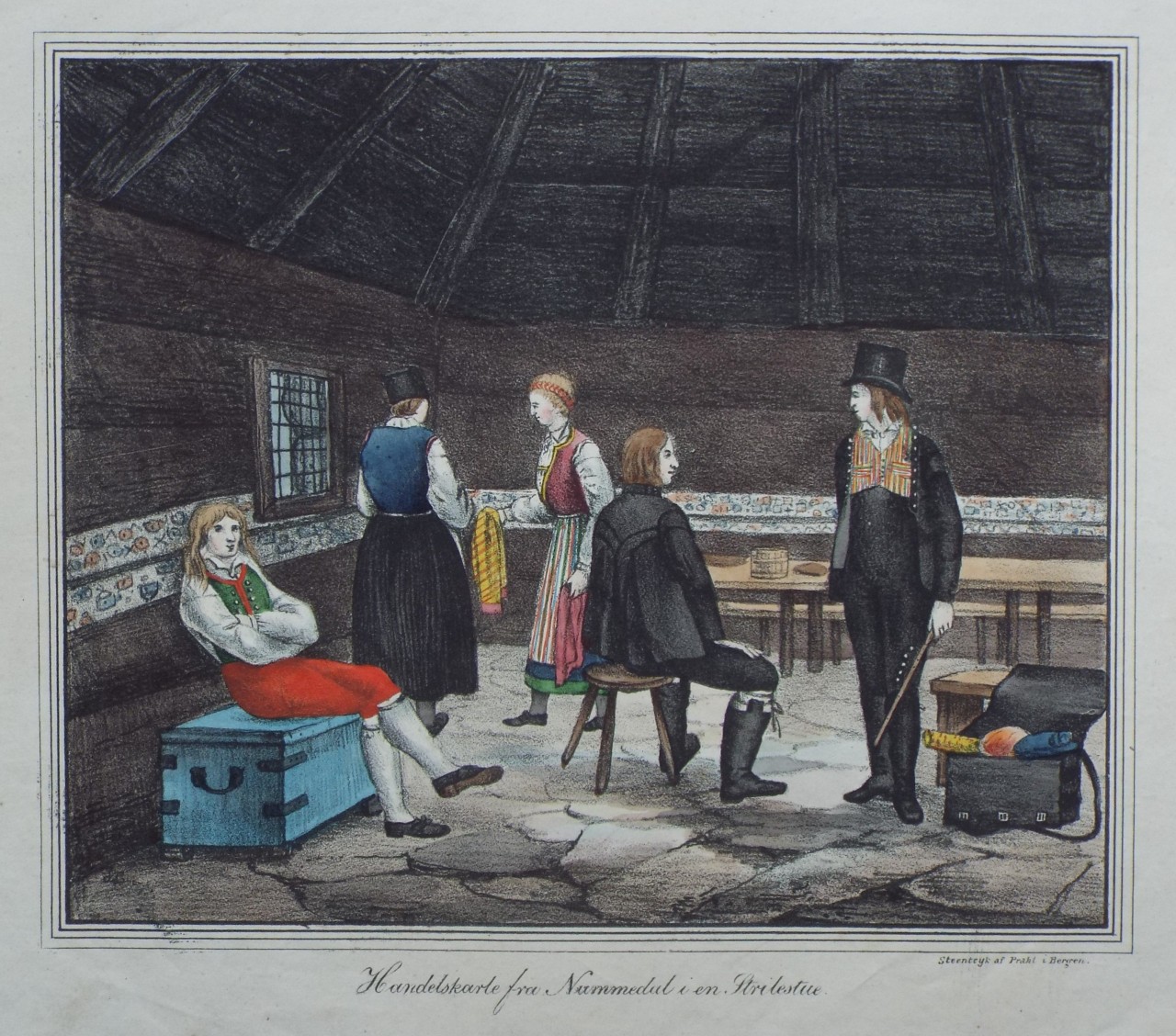 Lithograph - Handelsfolk fra Numedal i en Strilestue.