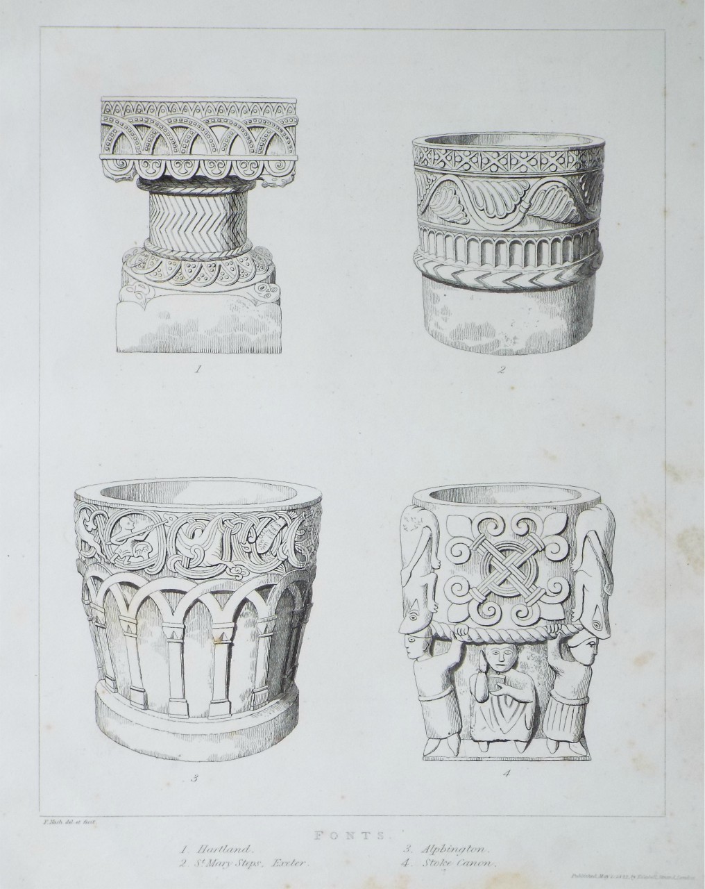 Print - Fonts. 1 Hartland. 2 St. Mary Steps, Exeter. 3 Alpbington. 4 Stoke Canon. - Nash