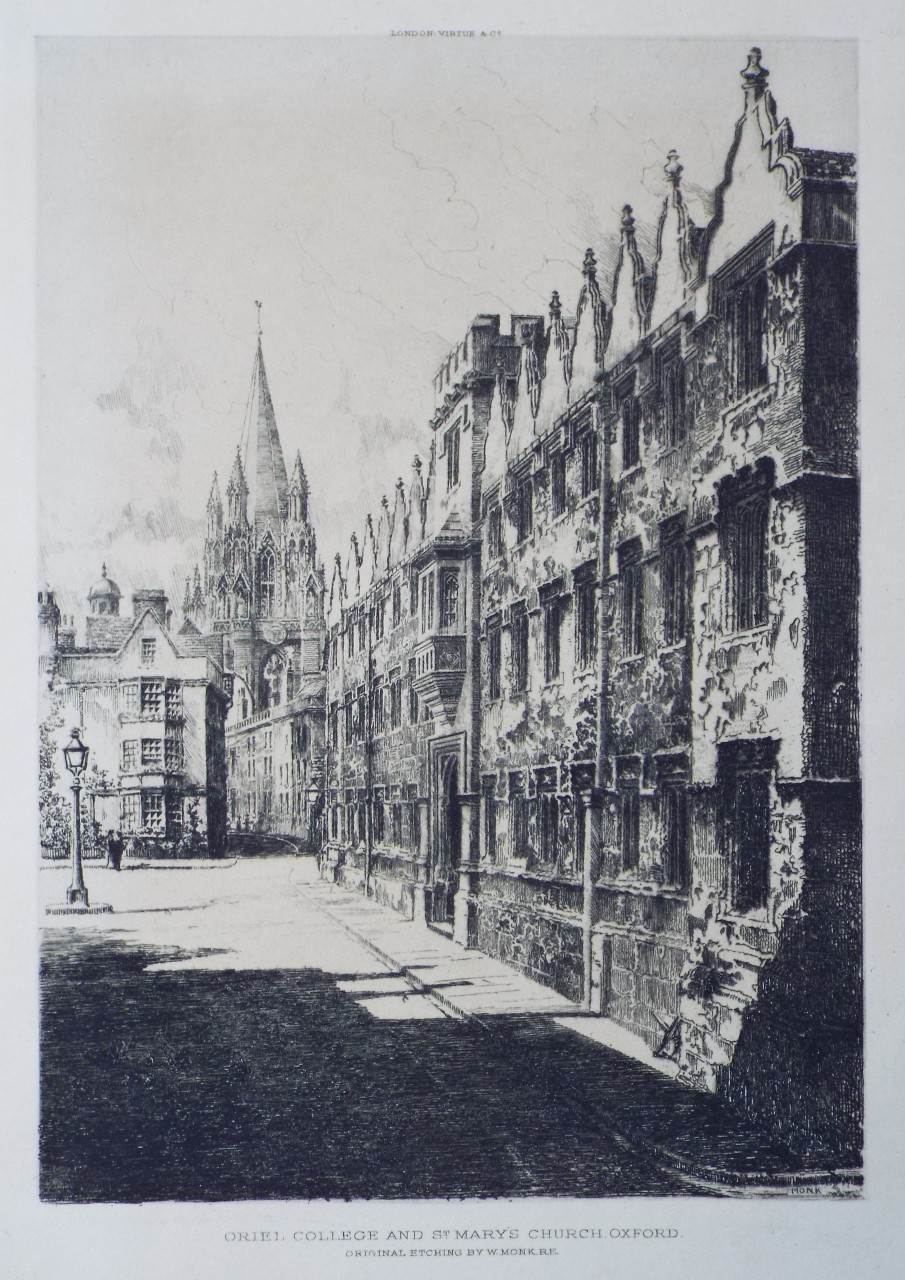 Etching - Oriel College and St. Mary's Church, Oxford. - Monk
