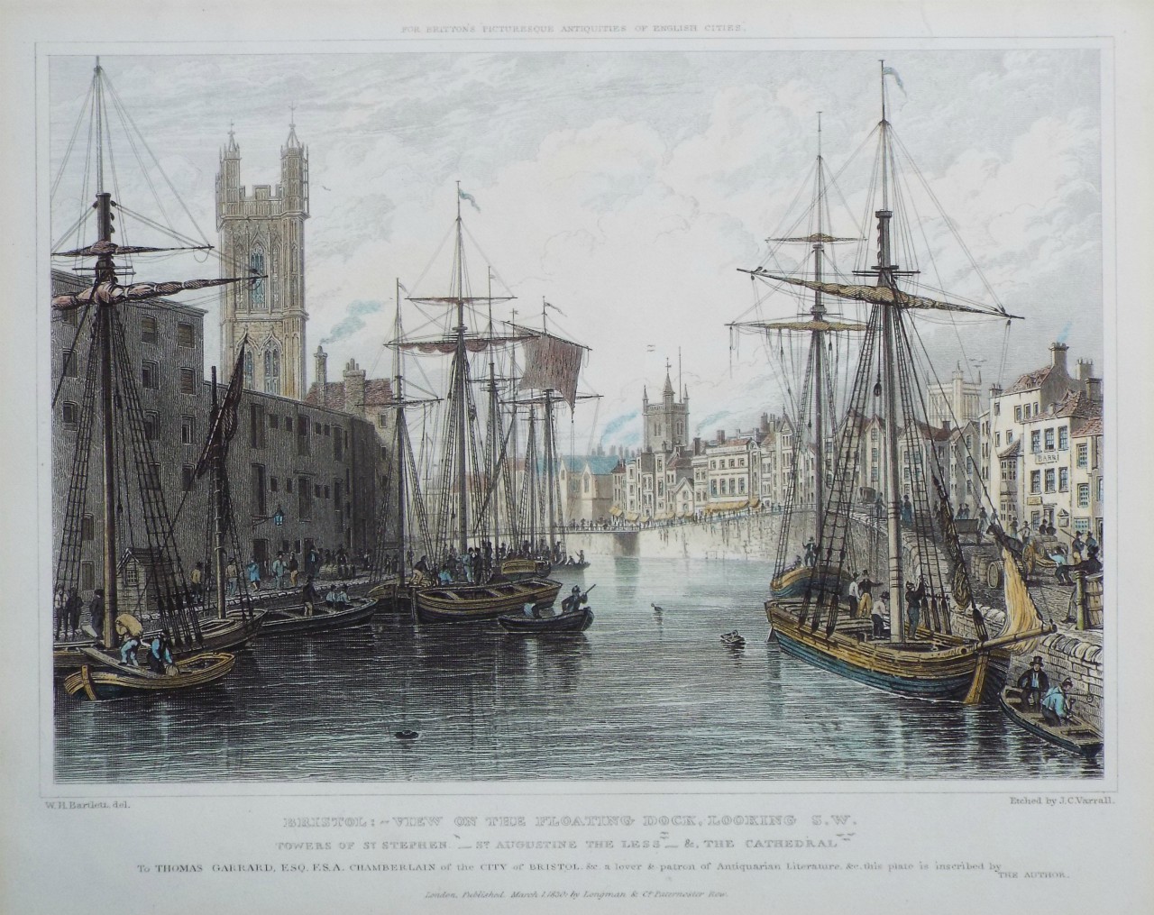 Print - Bristol: View of the Floating Dock, looking S.W. Towers of St. Stephen, St. Augustine the Less & the Cathedral. - Varrall