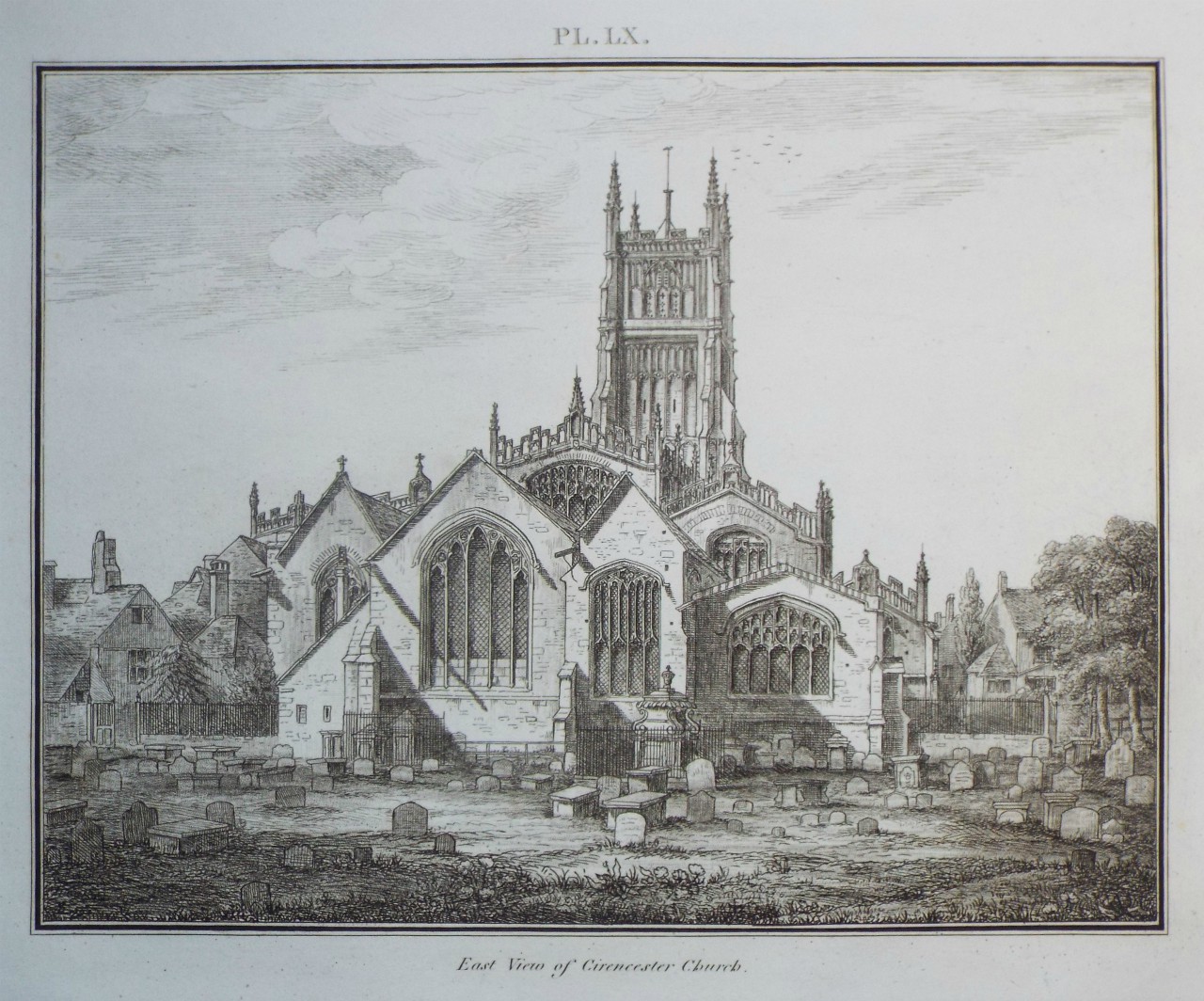 Etching - East View of Cirencester Church. - Lysons