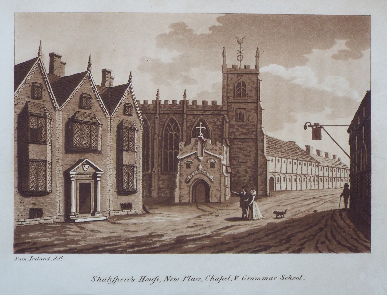 Aquatint - Shakspere's House, New Place, Chapel & Grammar School. - Ireland