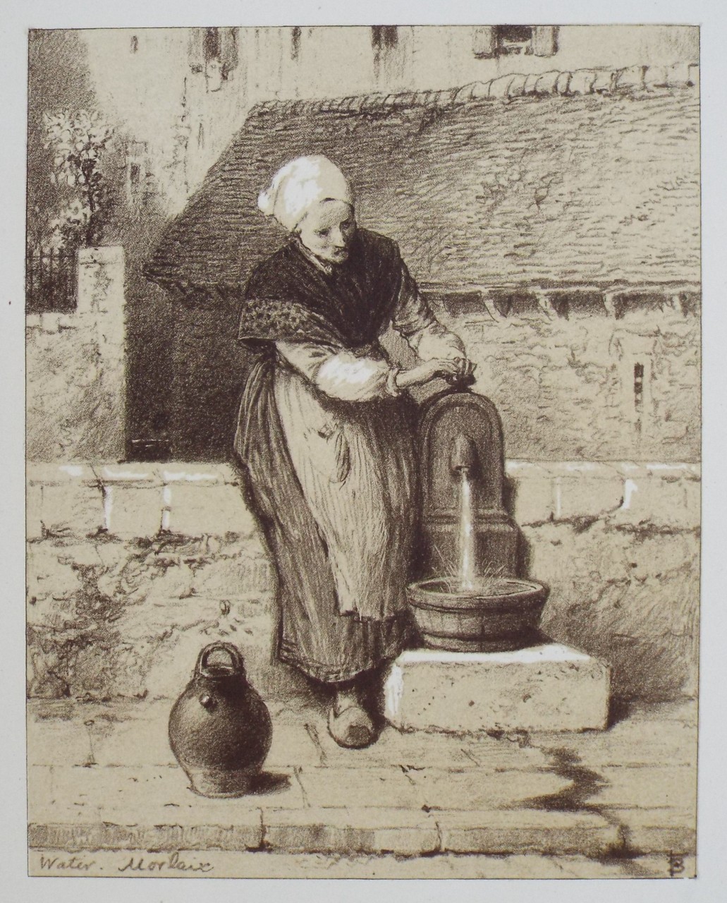 Lithograph - Fountain. Morlaix. - Foster