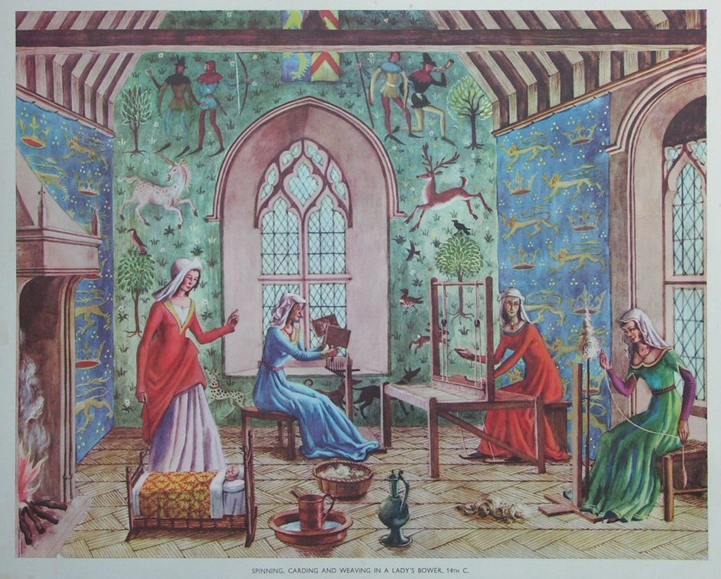 Lithograph - 30 Spinning, Carding and Weaving in a Lady's Bower, 14th C.