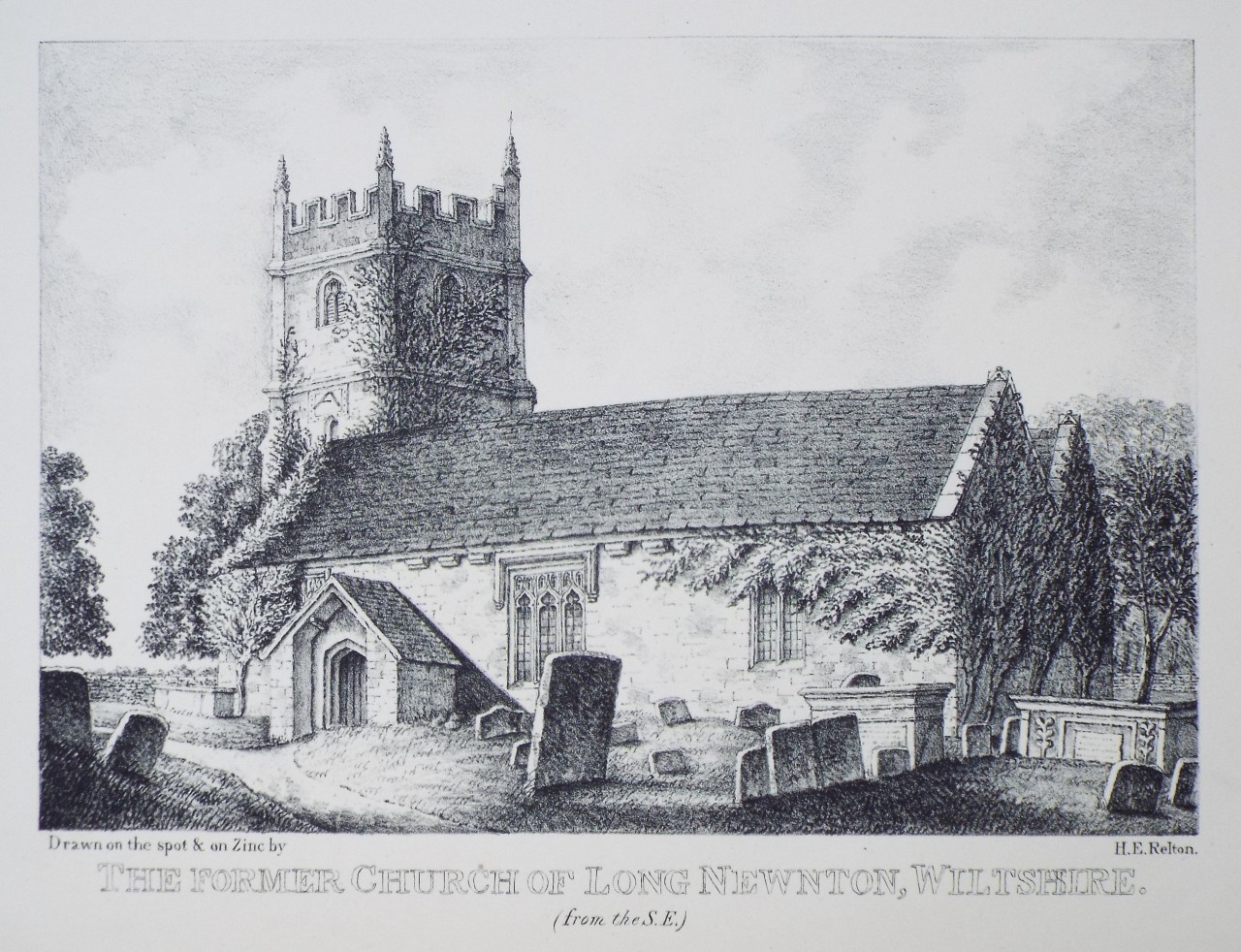 Zinc Lithograph - The Former Church of Long Newnton, Wiltshire. (from the S.E.) - Relton