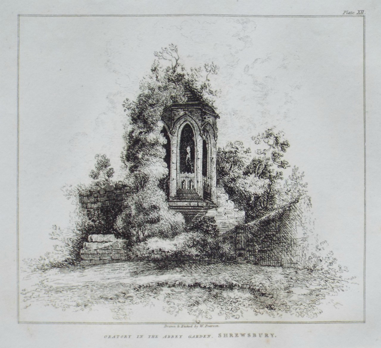 Etching - The Oratory in the Abbey Garden, Shrewsbury. - Pearson