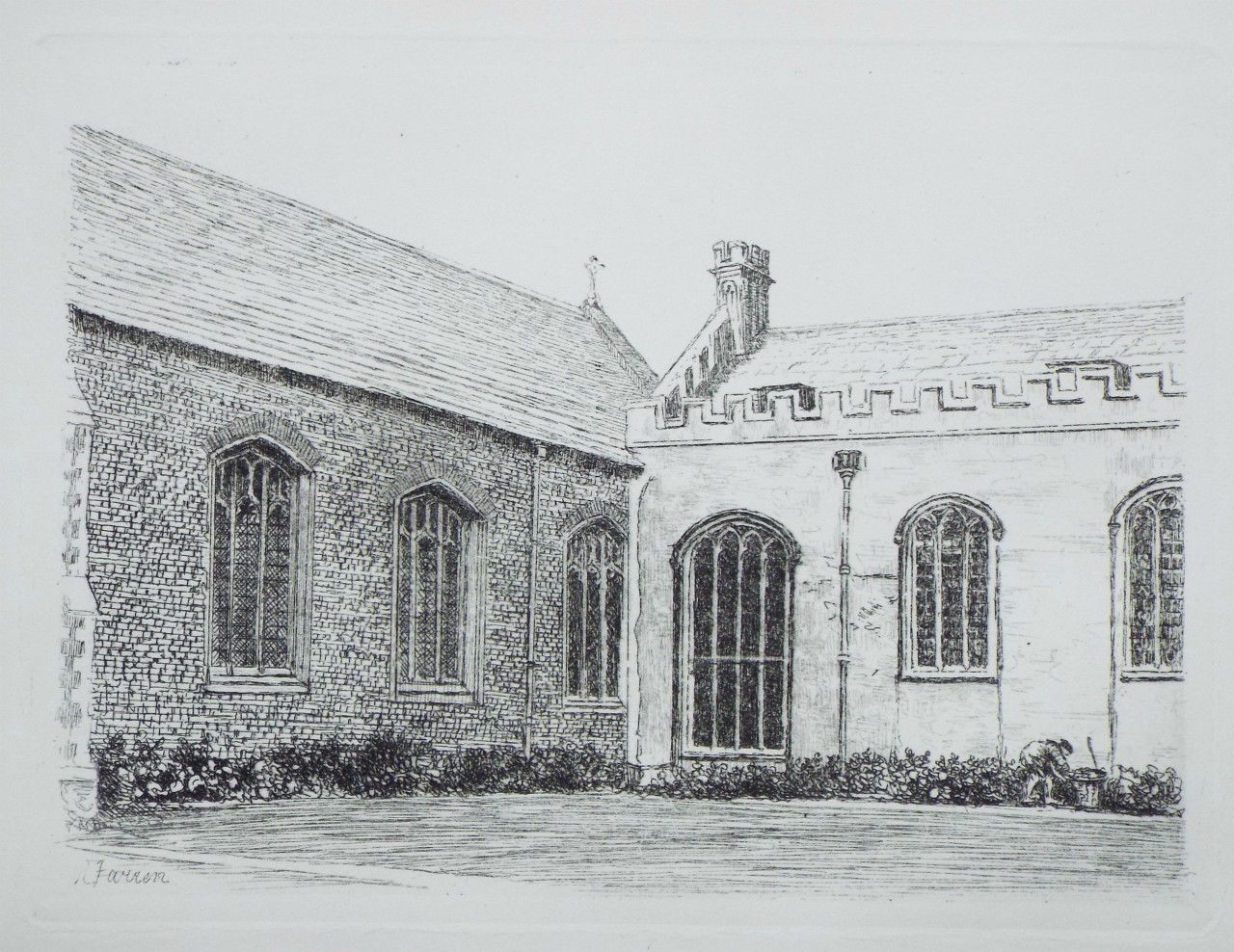 Etching - Magdalen College, part of the Hall and Chapel - Farren