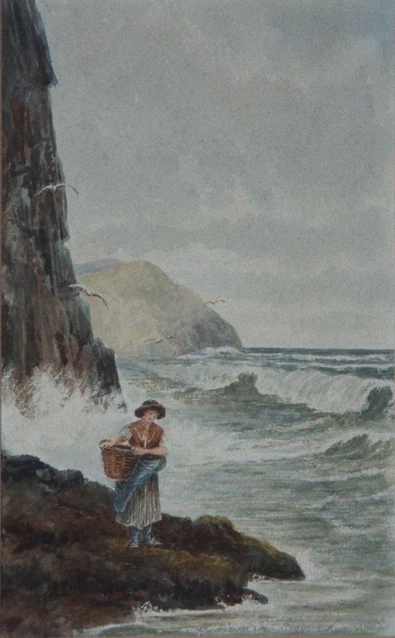 Watercolour - A fisherwoman with basket walking at the foot of cliffs