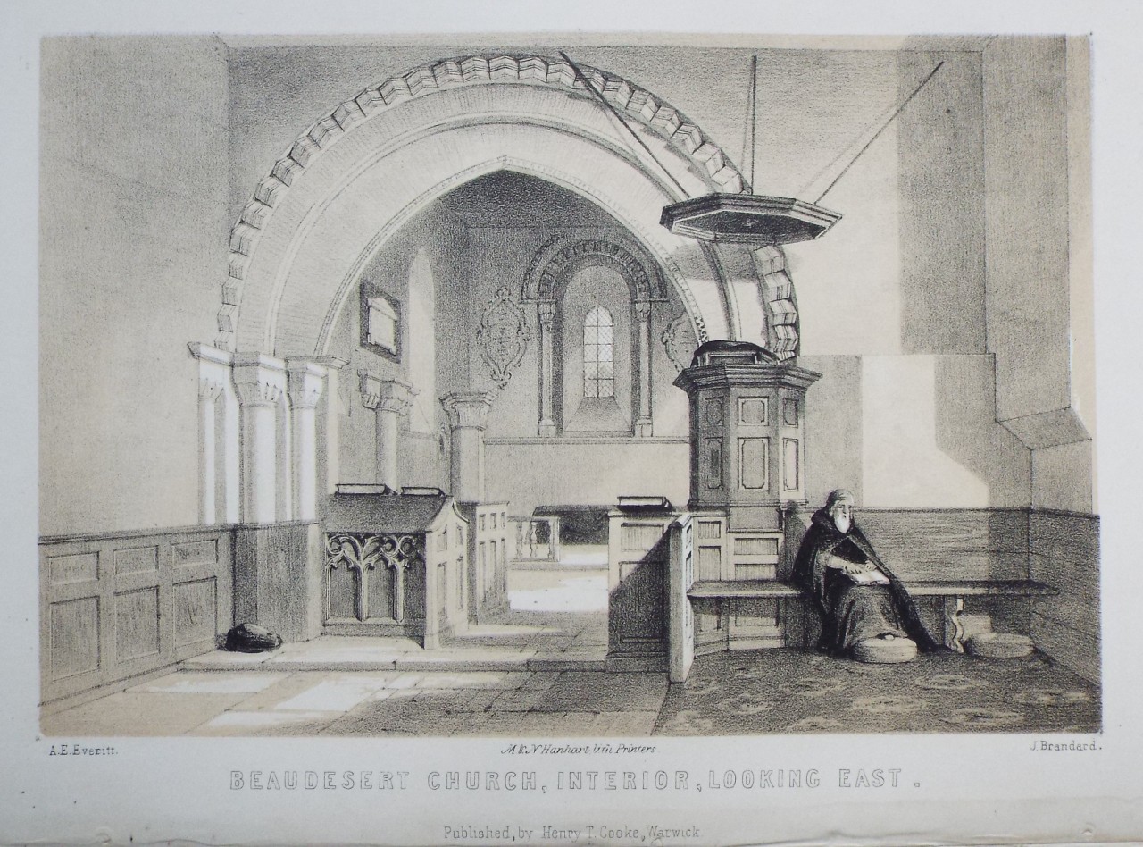Lithograph - Beaudesert Church, Interior, looking East. - Brandard