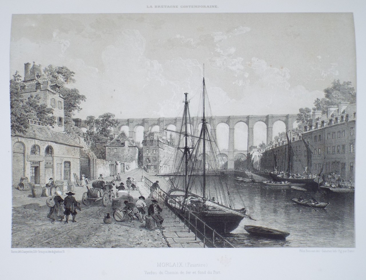 Lithograph - Morlaix. (Finistere) Viaduc du Chemin de fer et fod du Port. - 