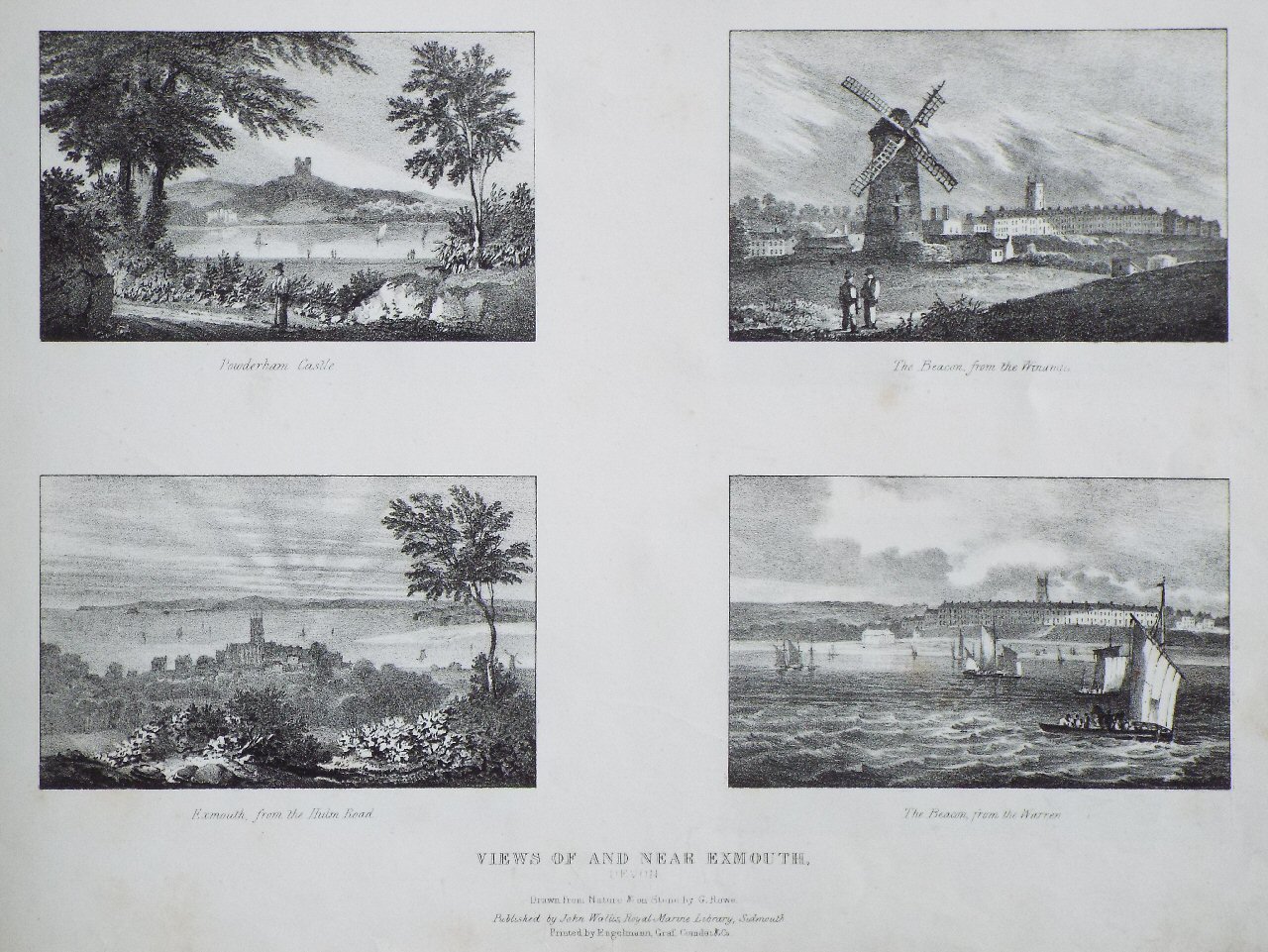 Lithograph - Views of and near Exmouth, Devon. Powderham Castle, The Beacon from the Windmill, Exmouth from the Hulm Road, The Beacon from the Warren - Rowe