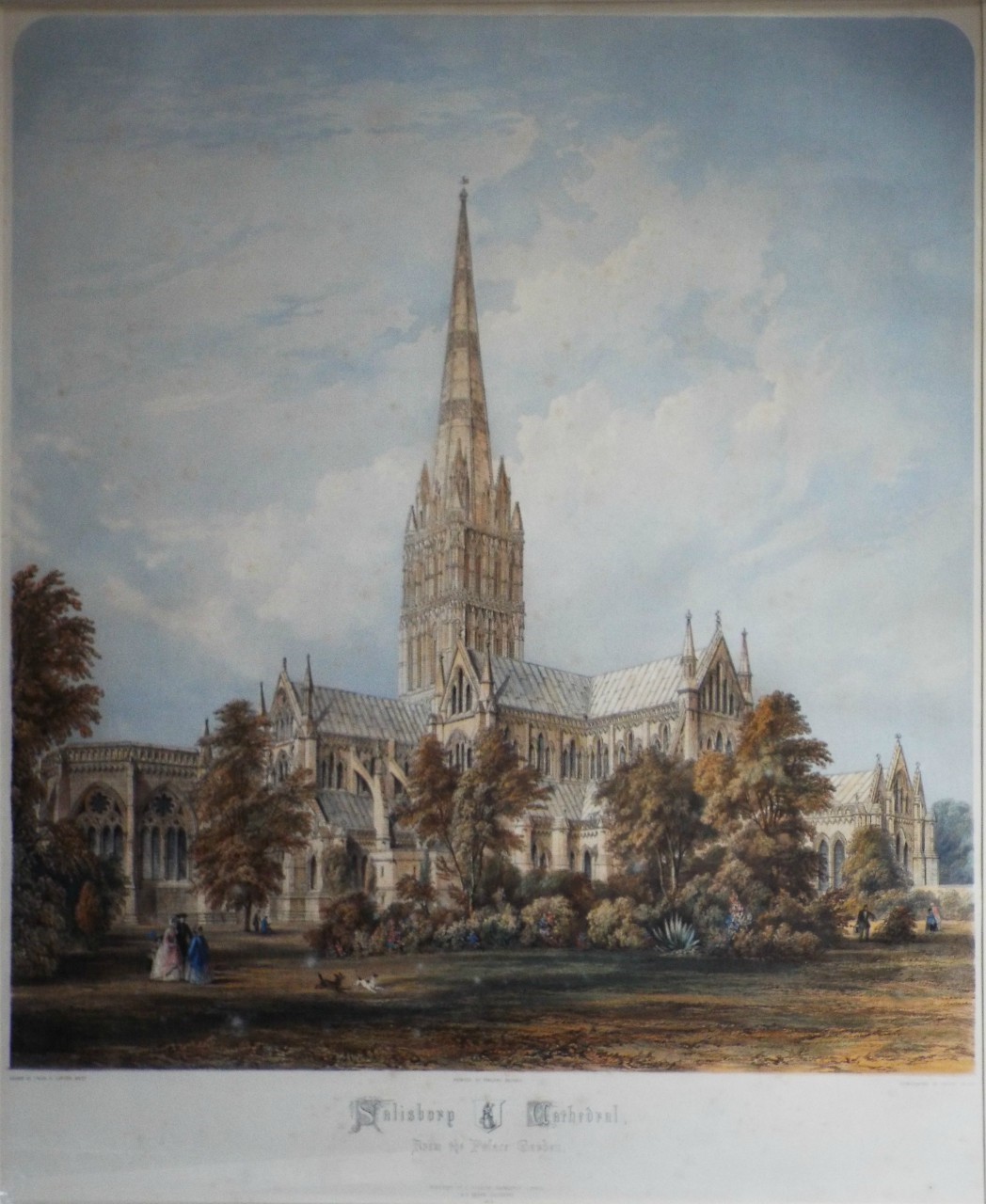 Lithograph - Salisbury Cathedral from the Palace Garden. - Vincent