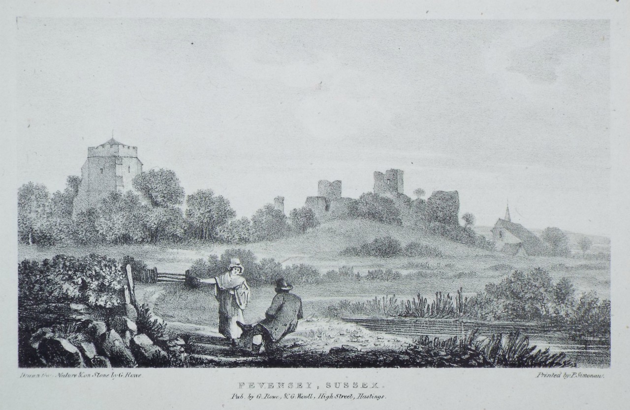 Lithograph - Pevensey Castle, Sussex. - Rowe