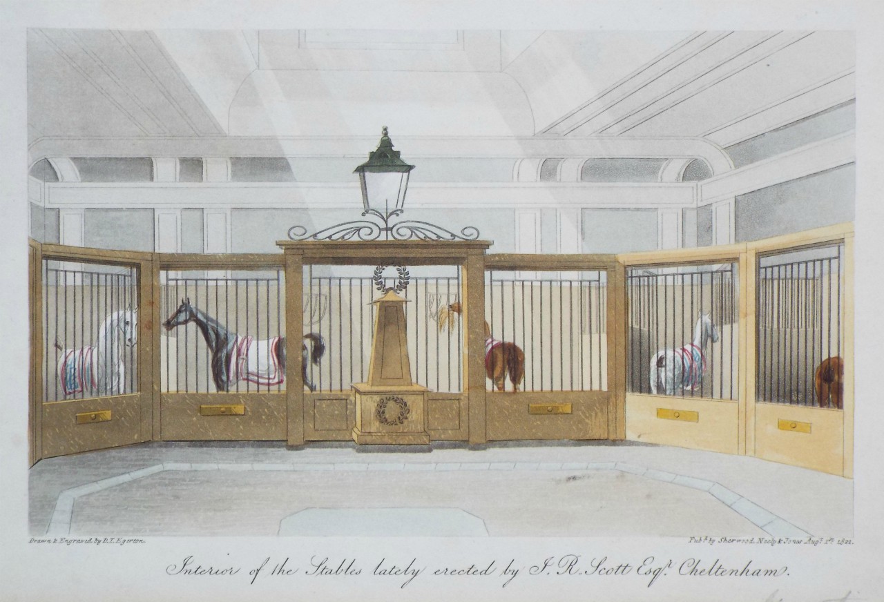 Aquatint - Interior of the Stables lately erected by F. R. Scott Esqr. Cheltenham. - Egerton