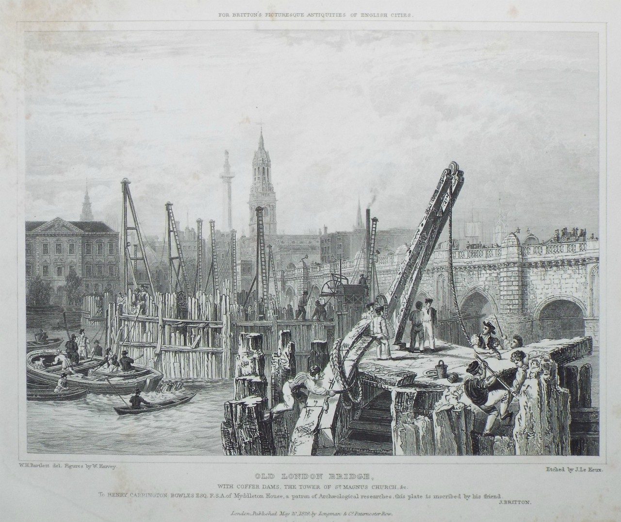Print - Old London Bridge, with Coffer Dams, the Tower of St. Magnus Church, &c. - Le