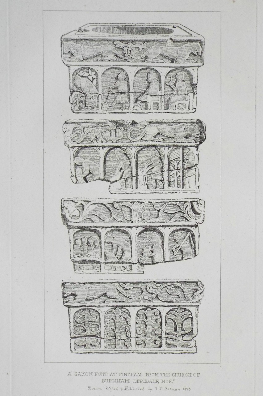 Etching - A Saxon Font at Fincham from the Church of Burnham Depedale Nork. - Cotman