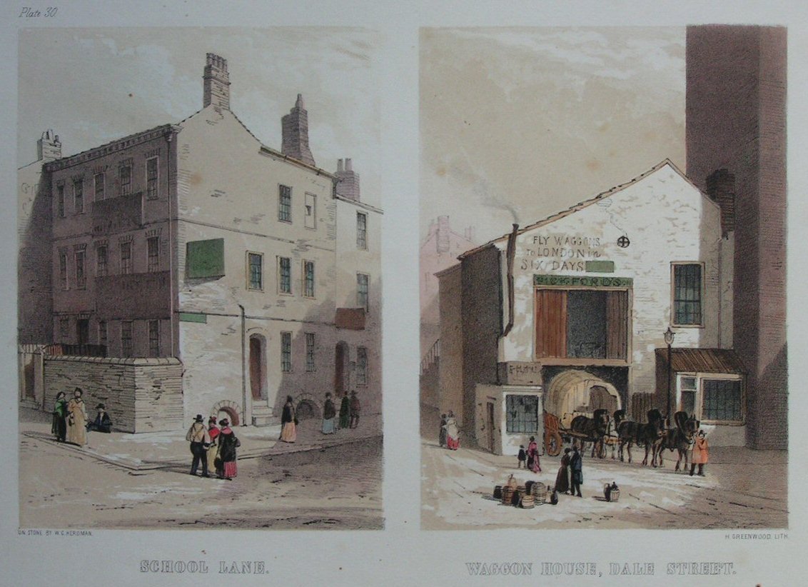 Lithograph - School Lane & Waggon House, Dale Street - Greenwood