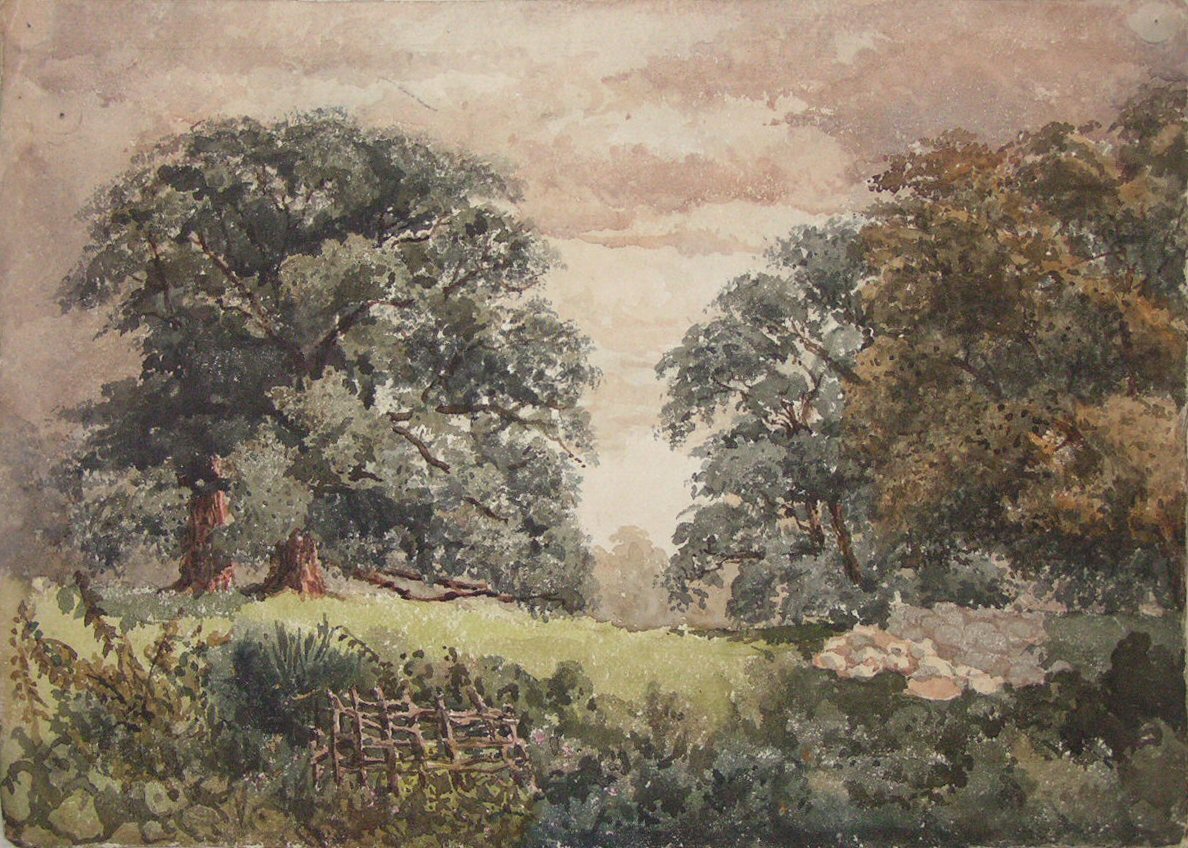 Watercolour - Landscape with trees and sheep