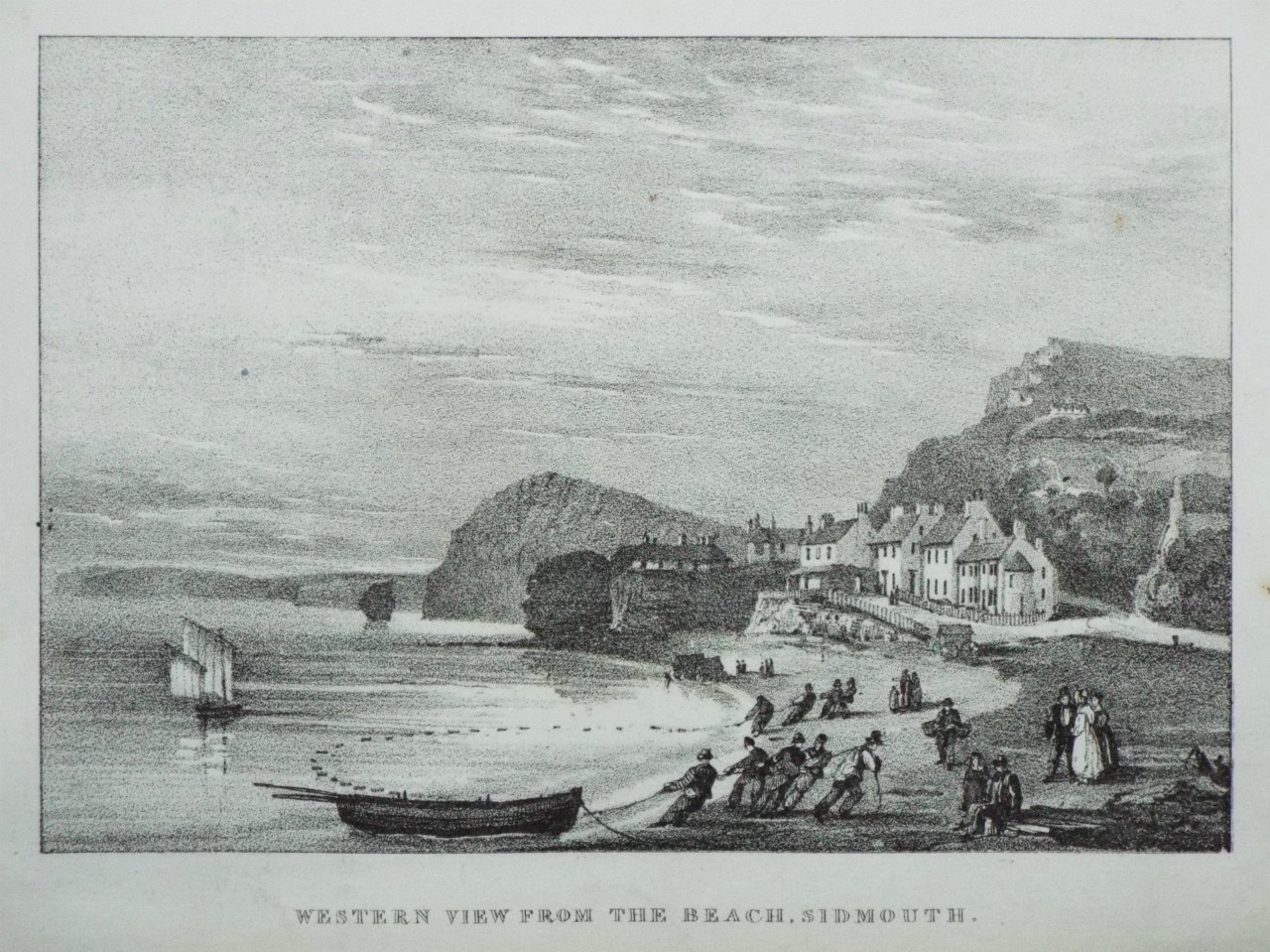 Lithograph - Western View from the Beach, Sidmouth. - Rowe