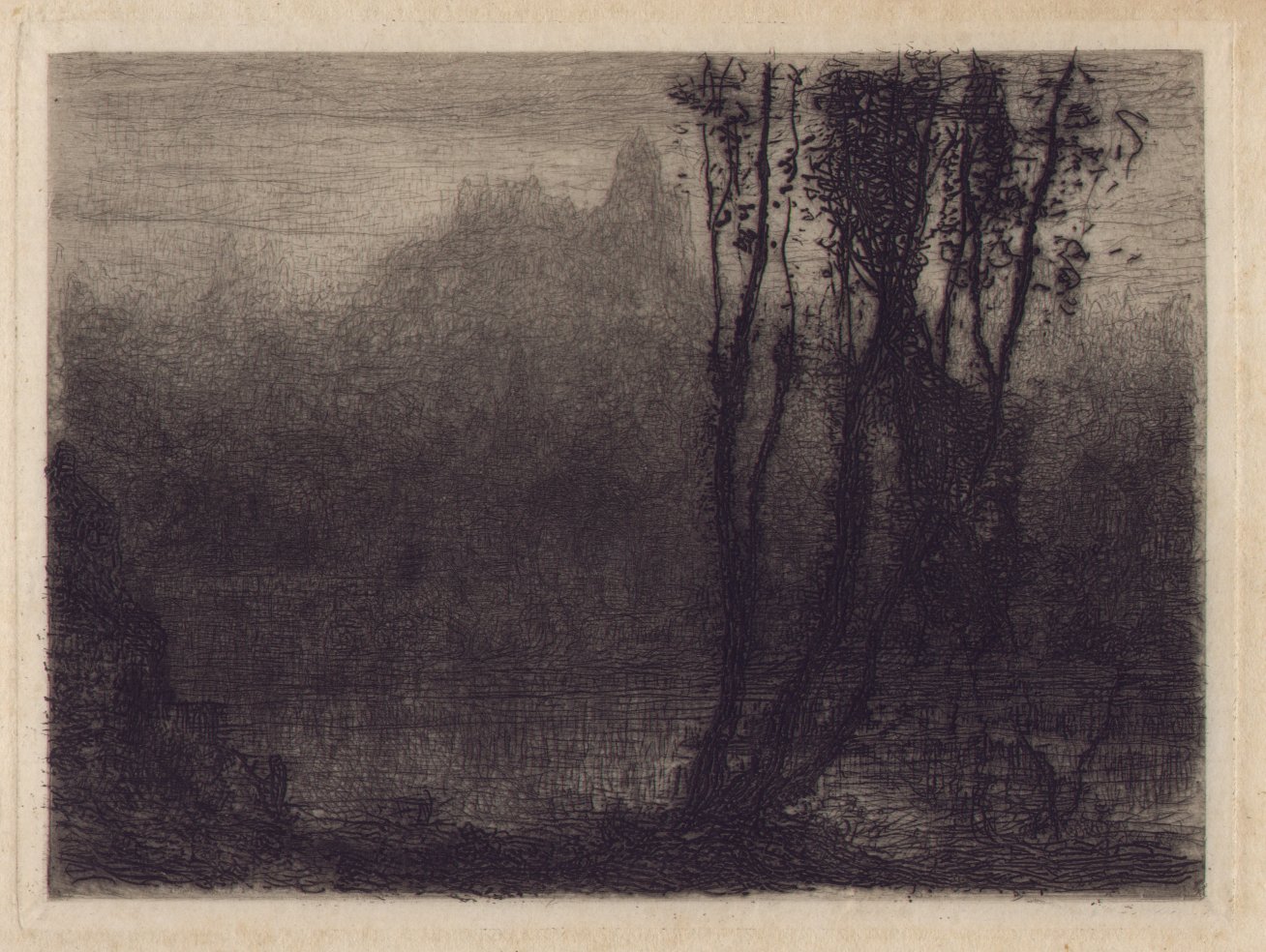 Etching - (Impressionistic river scene with trees)