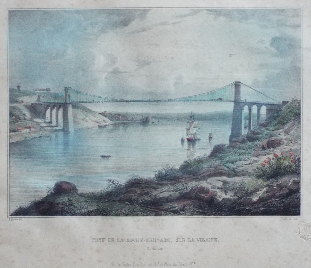 Lithograph - Pont de la Roche-Bernard, sur la Vilaine, (Morbihan) - 