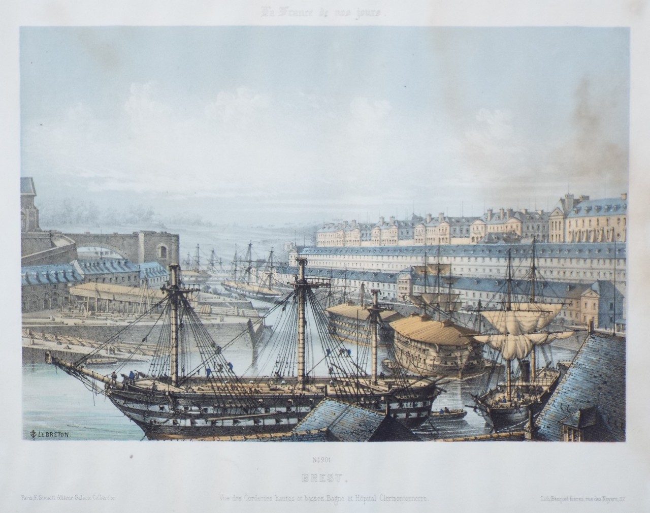 Lithograph - Brest. Vue des Corderies hautes et basses, Bagne et Hopital Clermontonnerre.