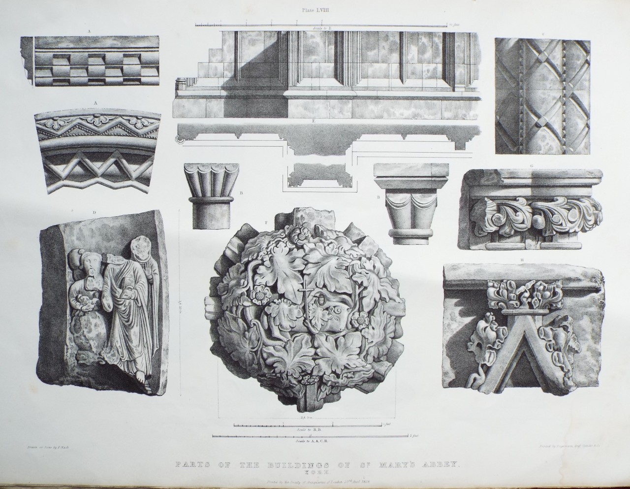 Lithograph - Parts of the Buildings of St. Mary's Abbey, York. - Nash