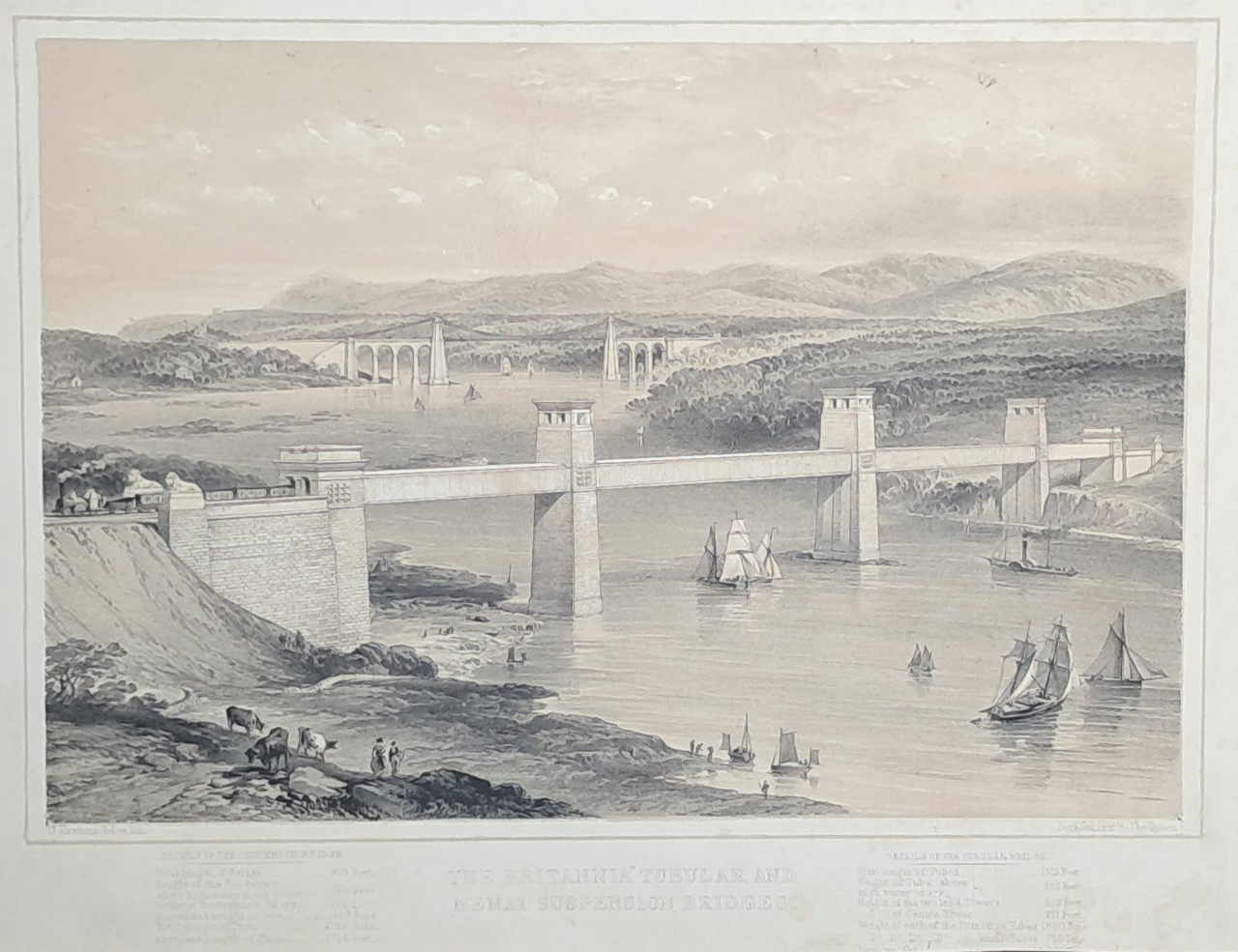 Lithograph - The Britannia Tubular and Menai Suspension Bridges - Hawkins
