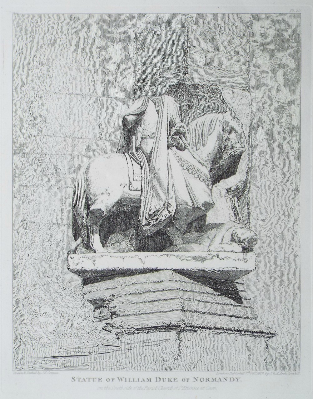 Etching - Statue of William Duke of Normandy. on the South side of the Parish Church of St. Etienne at Caen. - Cotman