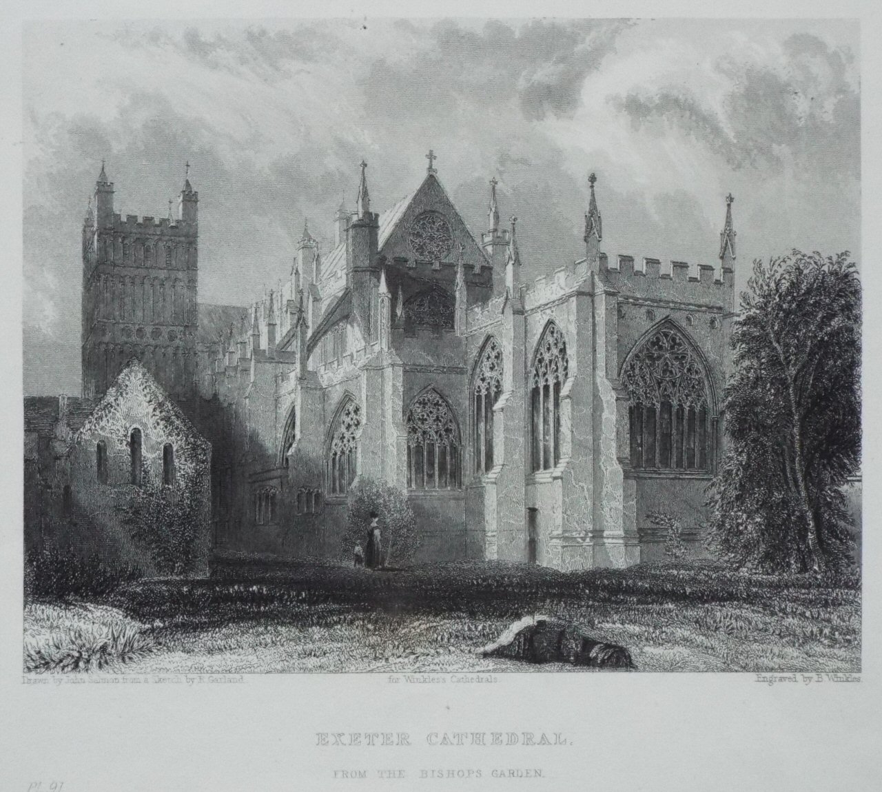 Print - Exeter Cathedral. From the Bishops Garden. - Winkles