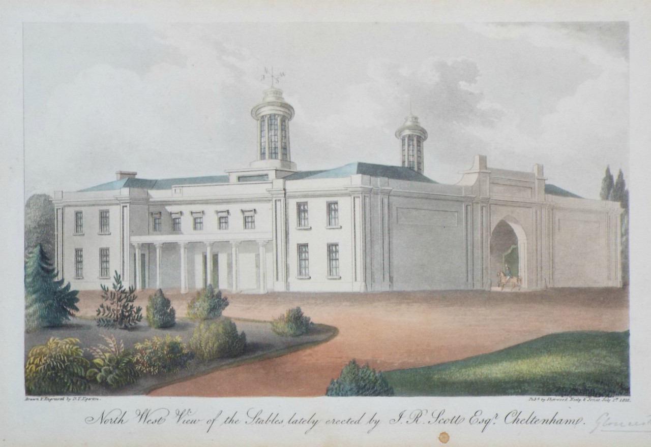Aquatint - North West View of the Stables lately erected by F. R. Scott Esqr. Cheltenham. - Egerton