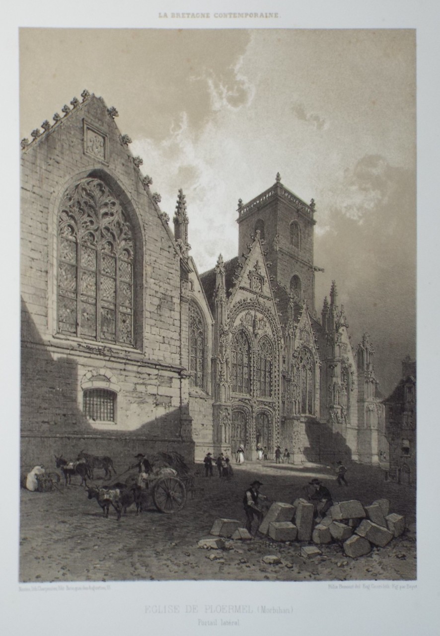 Lithograph - Eglise de Ploermel. (Morbihan) Portail lateral. - Ciceri