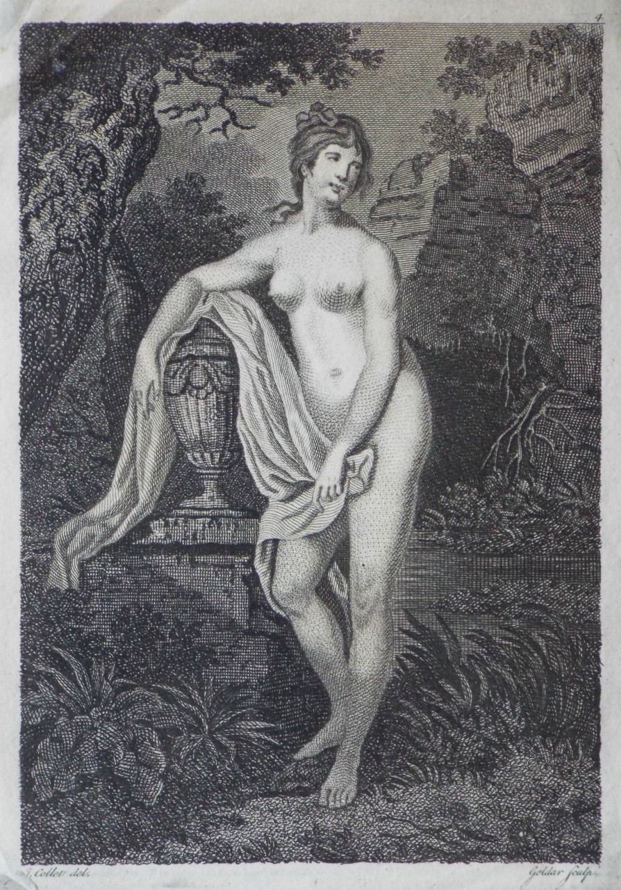 Print - A nude woman standing in a garden, leaning over an urn - 