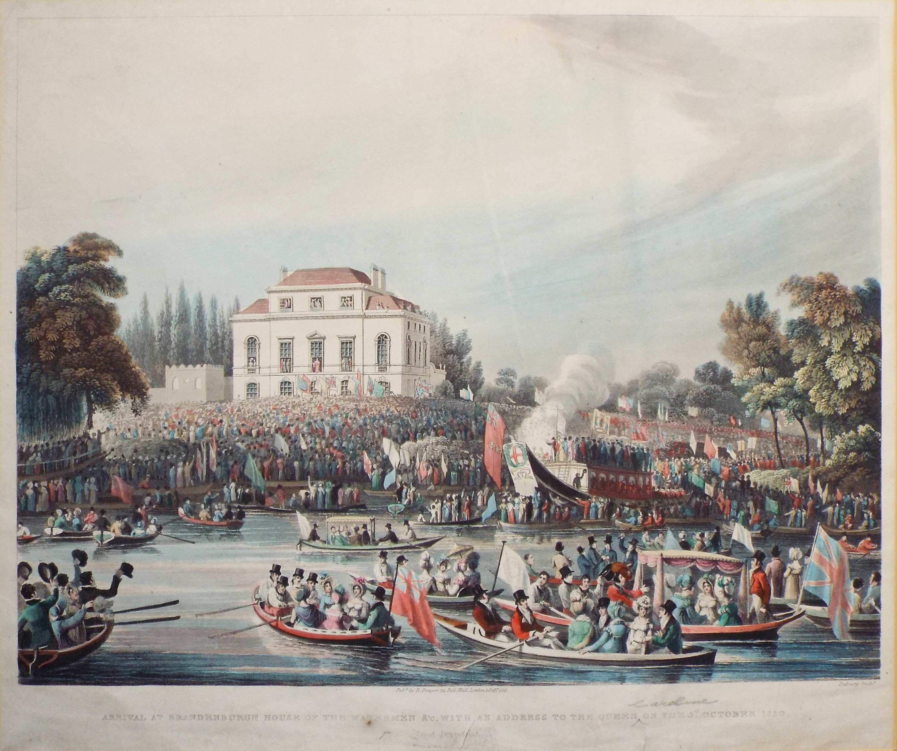 Aquatint - Arrival at Brandenburgh House of the Watermen &c. with an address to the Queen on the 3d. October 1820. - 