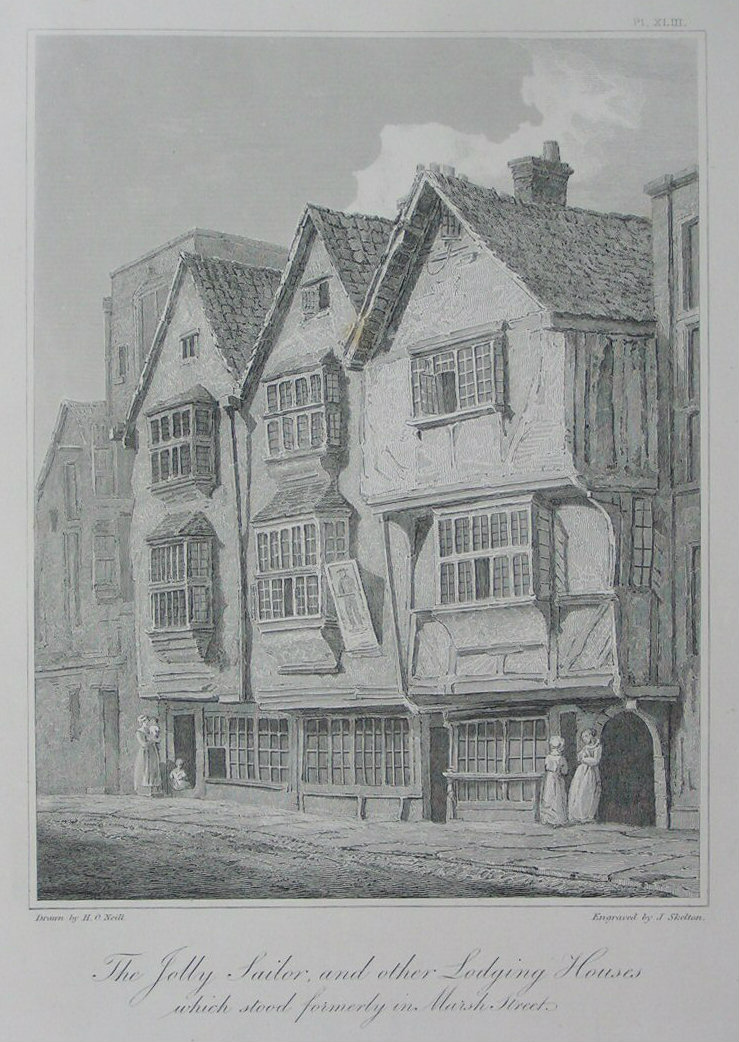 Etching - The Jolly Sailor, and other Lodging Houses which stood formerly in Marsh Street. - Skelton