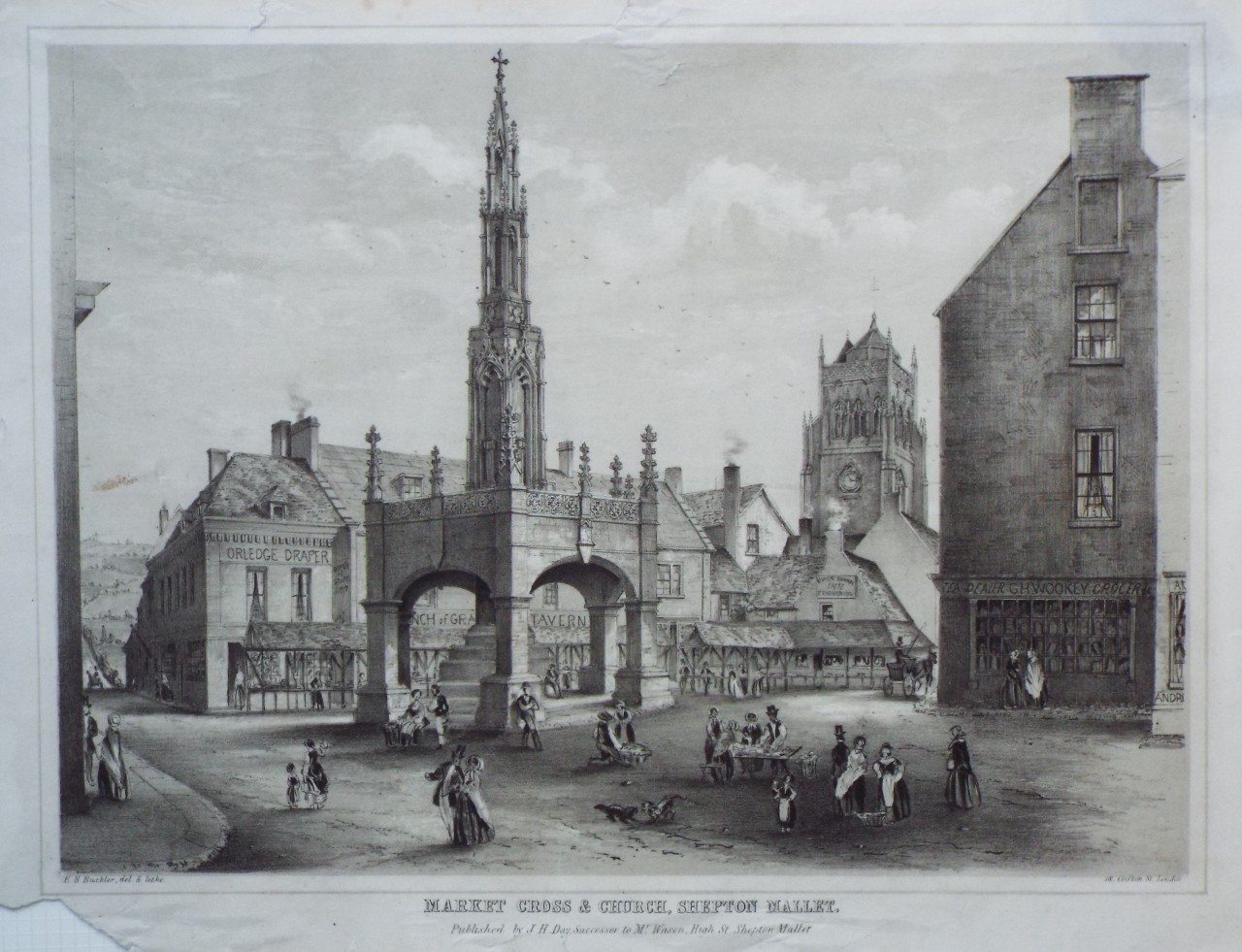 Lithograph - Market Cross & Church, Shepton Mallet. - Buckler