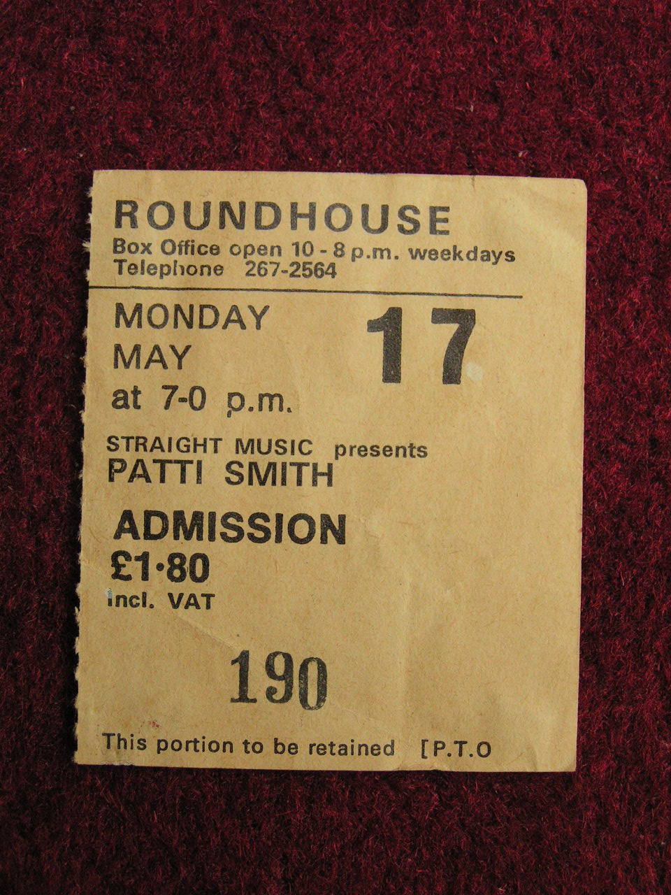 Ticket Stub - Patti Smith Roundhouse Mon 17 May 76