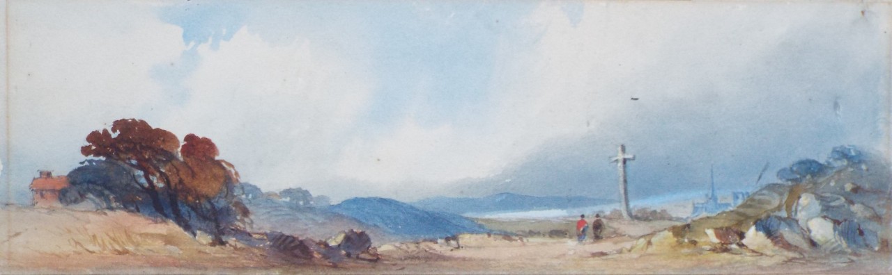 Watercolour - Landscape with cross and distant cathedral